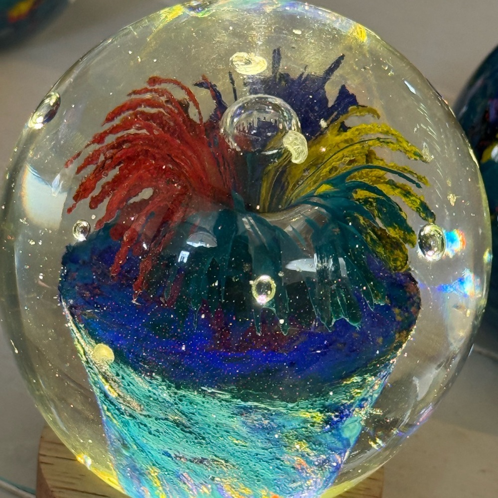 Hand blown Art Glass Globe with bubbles Paperweight 3.5”